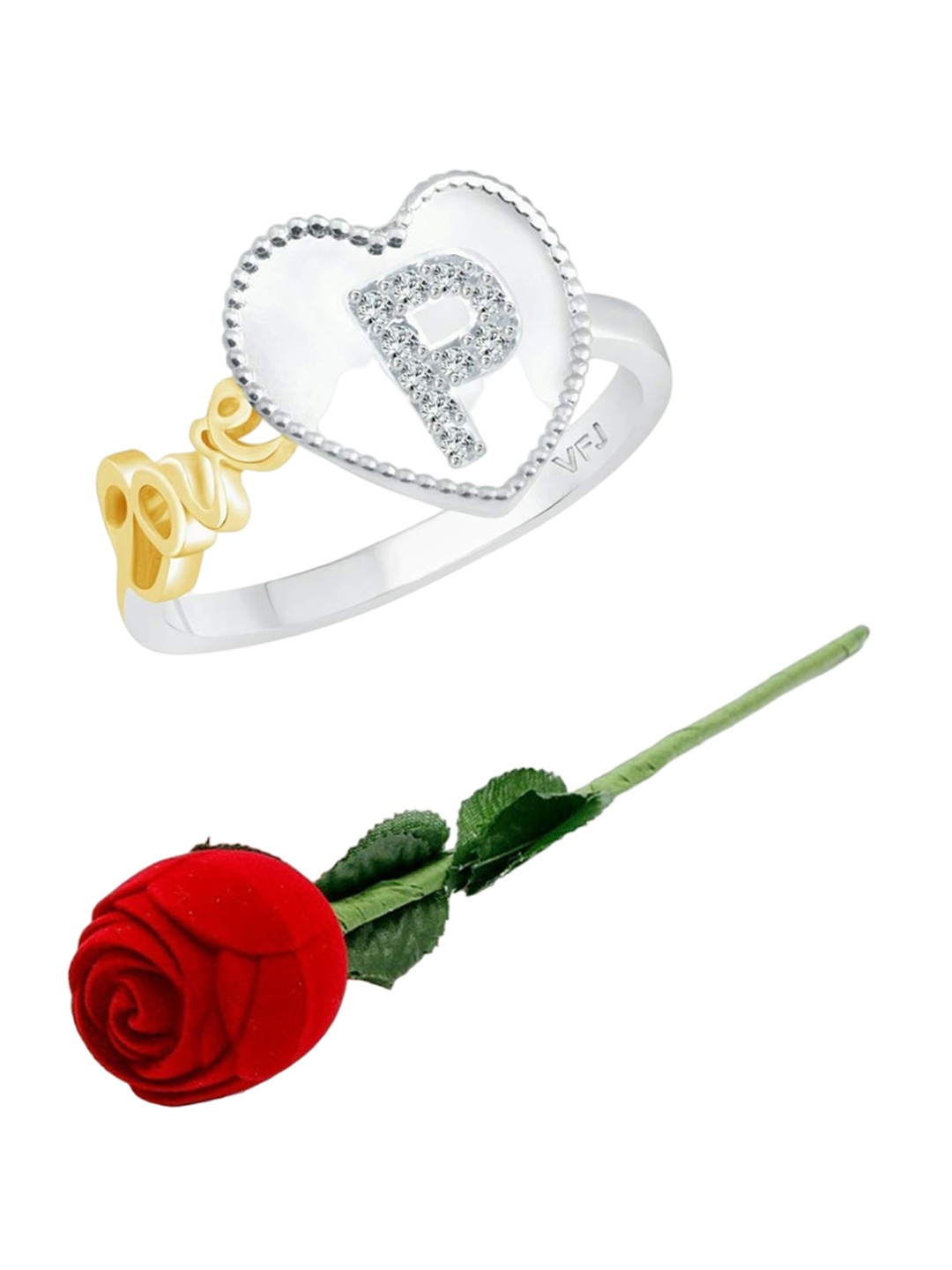 

Vighnaharta Rhodium-Plated CZ-Stone Studded P-Heart Design Finger Ring With Rose Box, Silver