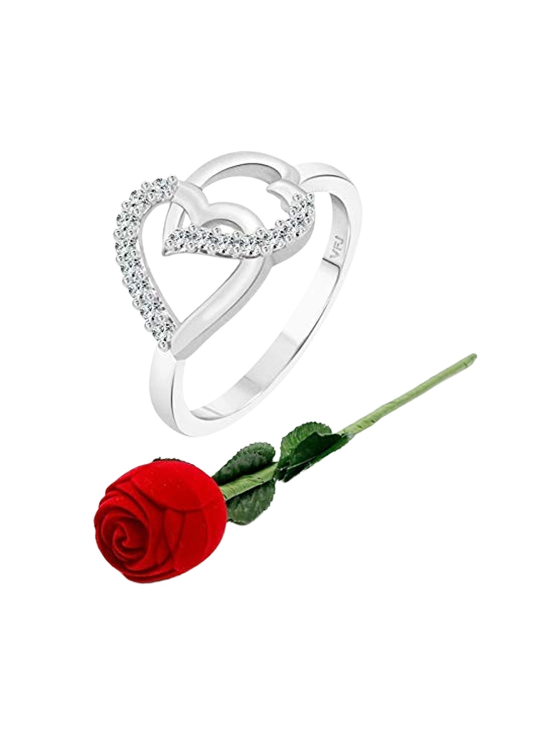 

Vighnaharta Rhodium-Plated Cubic Zirconia-Studded Finger Ring With Rose Ring Box, Silver