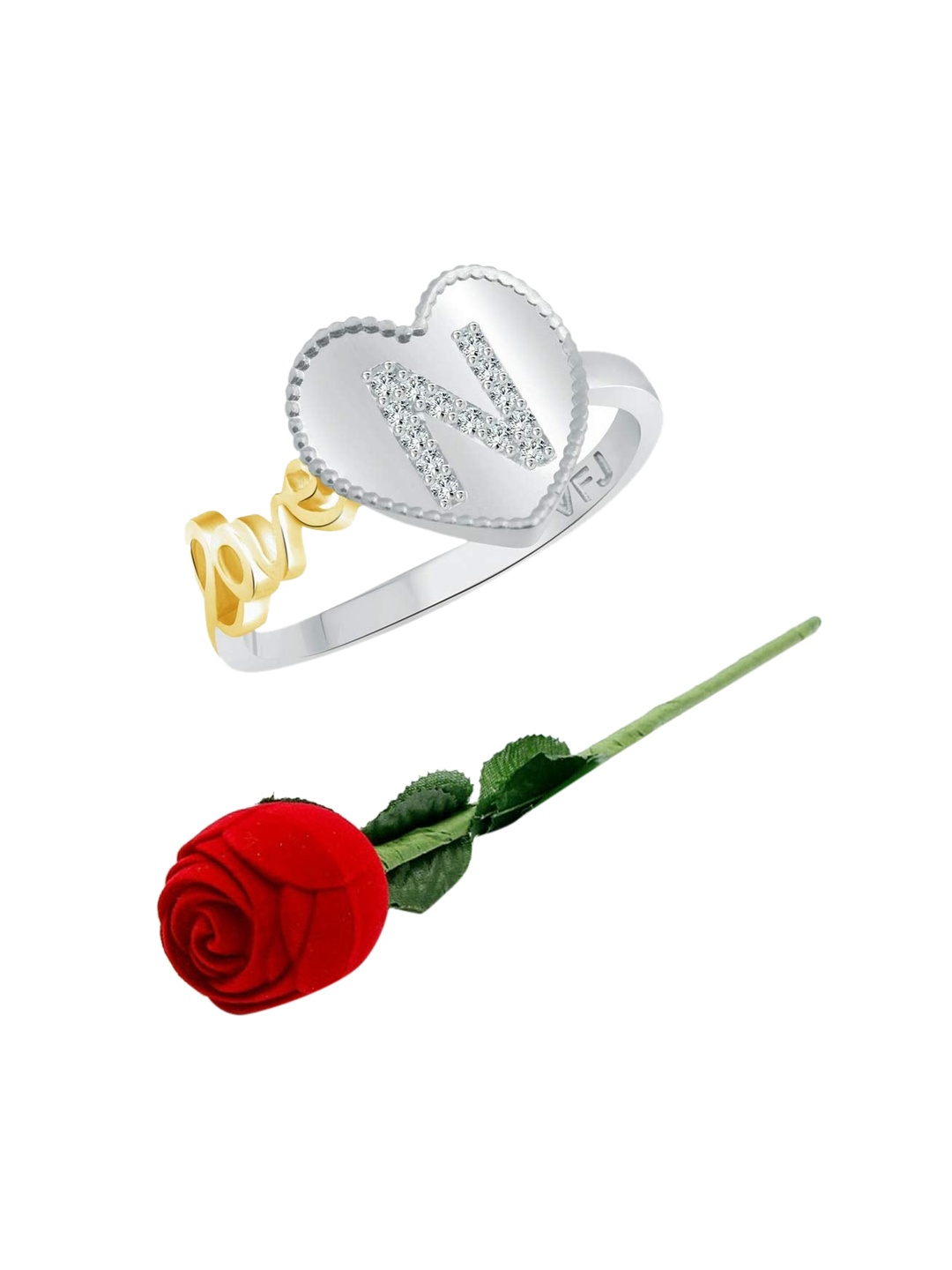 

Vighnaharta Rhodium-Plated CZ-Stone Studded N-Heart Design Finger Ring With Rose Box, Silver