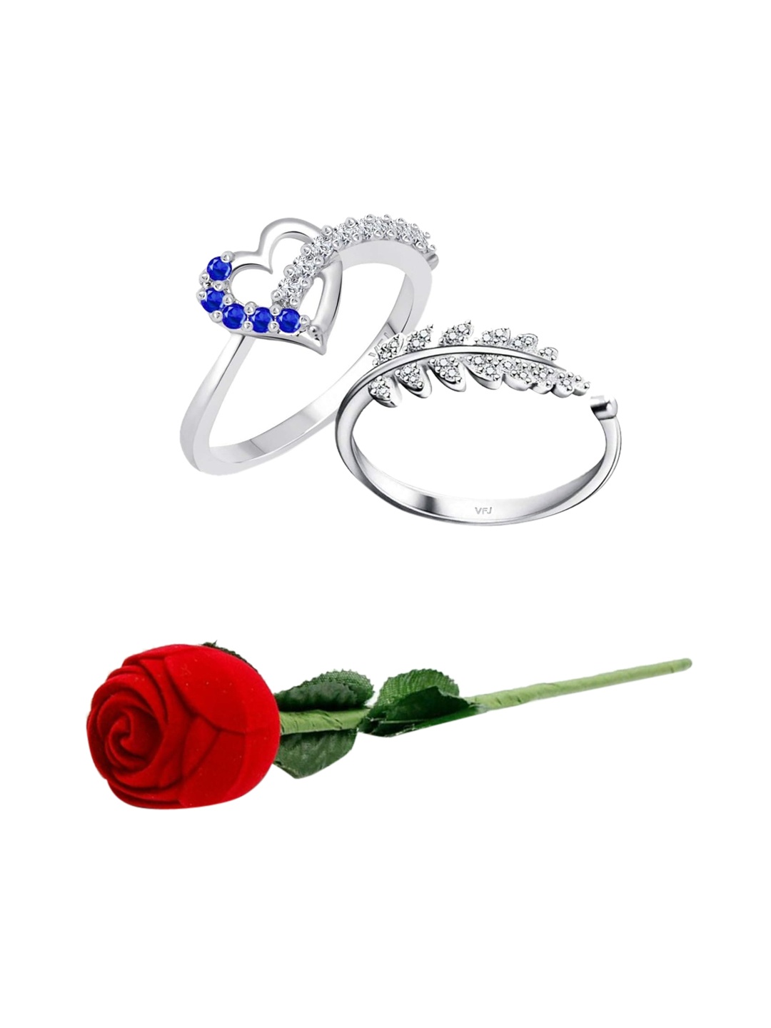 

Vighnaharta Set Of 2 Rhodium-Plated Cubic Zirconia-Studded Finger Ring With Rose Box, Silver