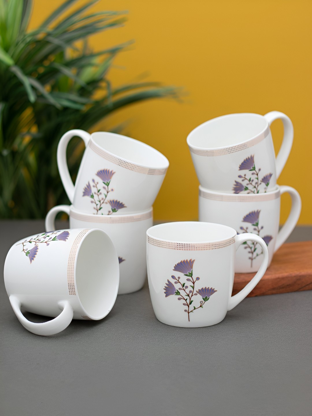 

CLAY CRAFT White & Purple 6 Pieces Floral Printed Ceramic Glossy Cups