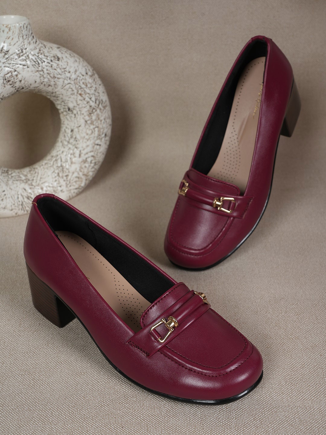 

Mast & Harbour Maroon Embellished Block Heel Pumps