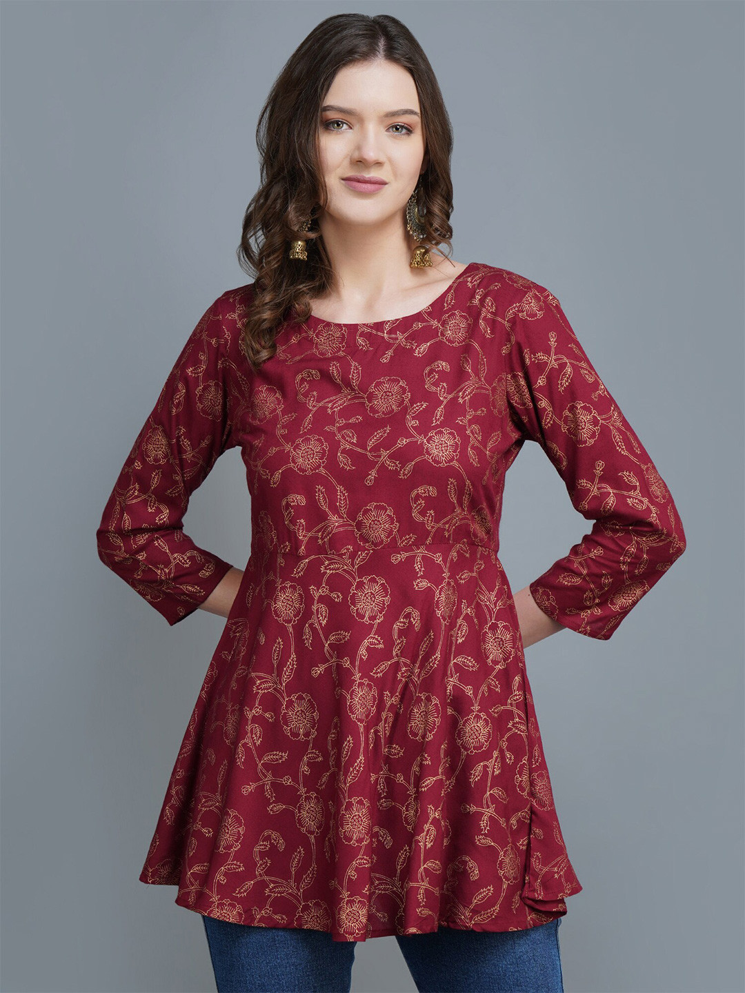 

MALANDRO Floral Printed A-Line Kurti, Maroon