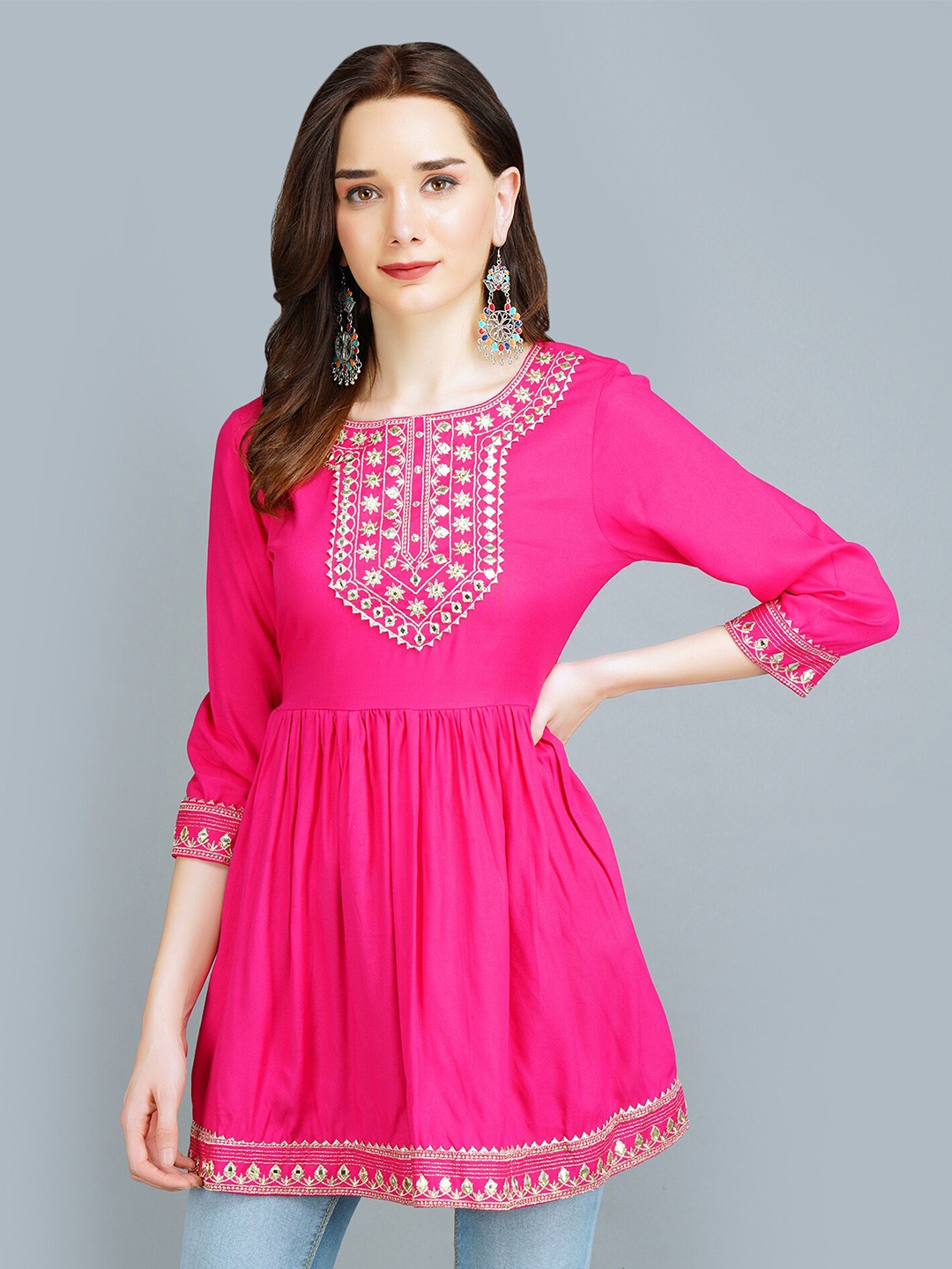 

MALANDRO Ethnic Motif Yoke Design Thread Work A-Line Kurti, Pink