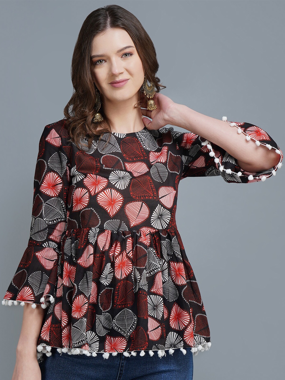 

MALANDRO Floral Printed Bell Sleeve Peplum Cotton Top, Brown