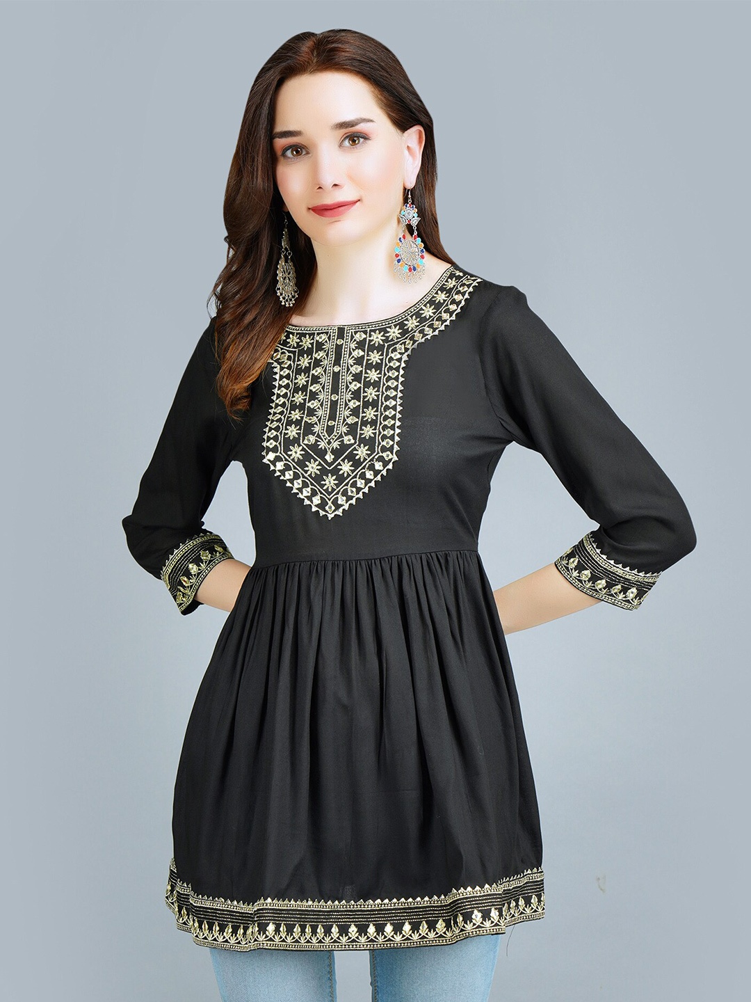 

MALANDRO Ethnic Motifs Embroidered A-Line Top, Black