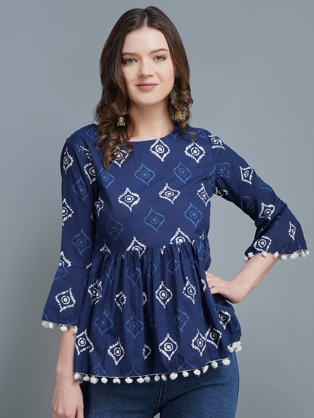 

MALANDRO Ethnic Motifs Printed Bell Sleeves Peplum Cotton Top, Blue