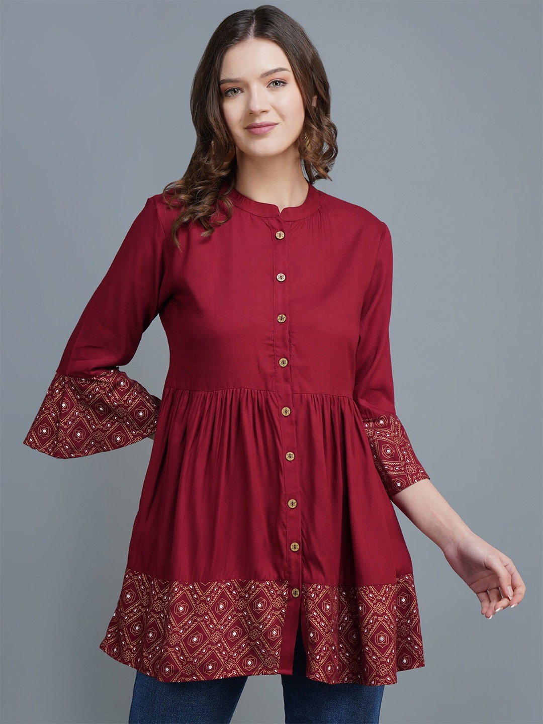 

MALANDRO Print Mandarin Collar Bell Sleeves A-Line Top, Maroon
