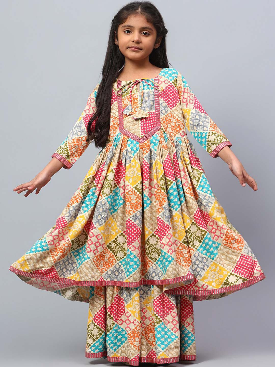 

BAESD Girls Ethnic Motifs Printed Gotta Patti Pure Silk Kurta with Sharara & With Dupatta, Yellow