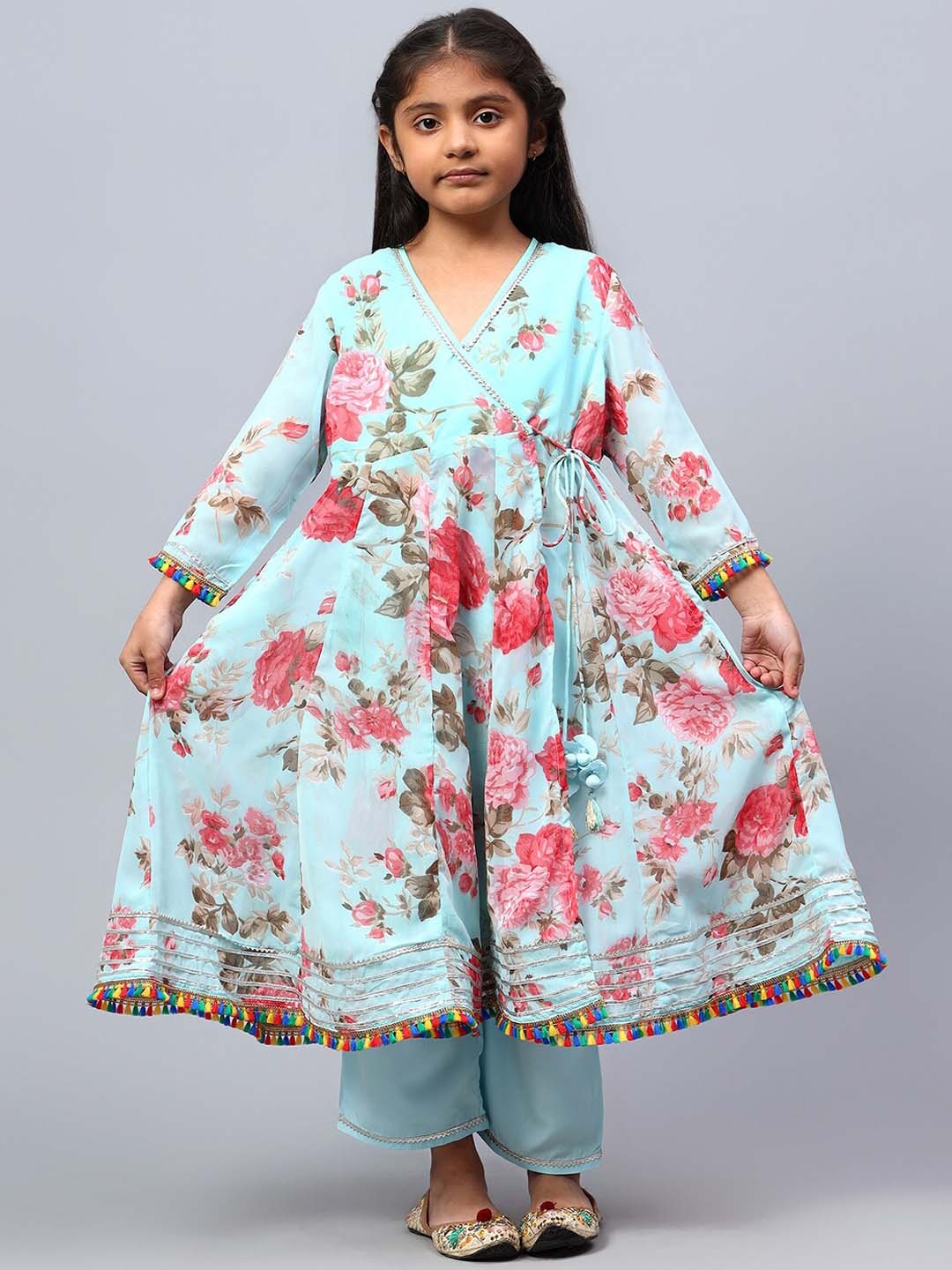 

BAESD Girls Floral Printed Empire Gotta Patti Silk Georgette Kurta with Palazzos & Dupatta, Blue