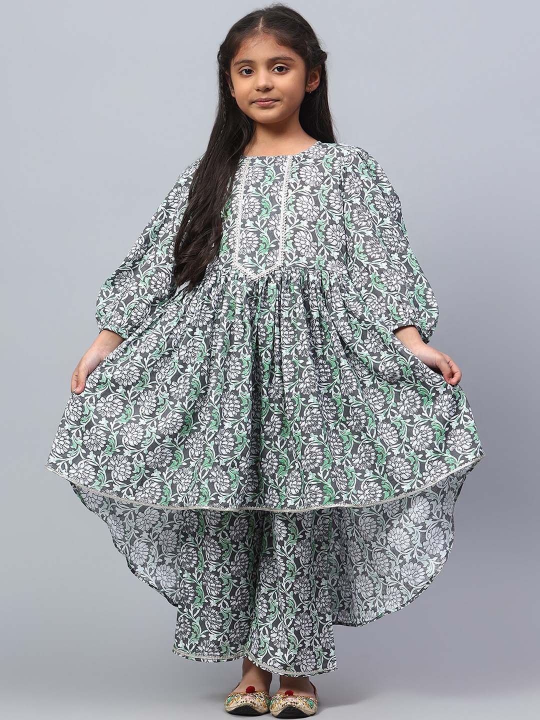 

BAESD Girls Floral Printed Pure Silk A-Line Kurta With Palazzos, Grey