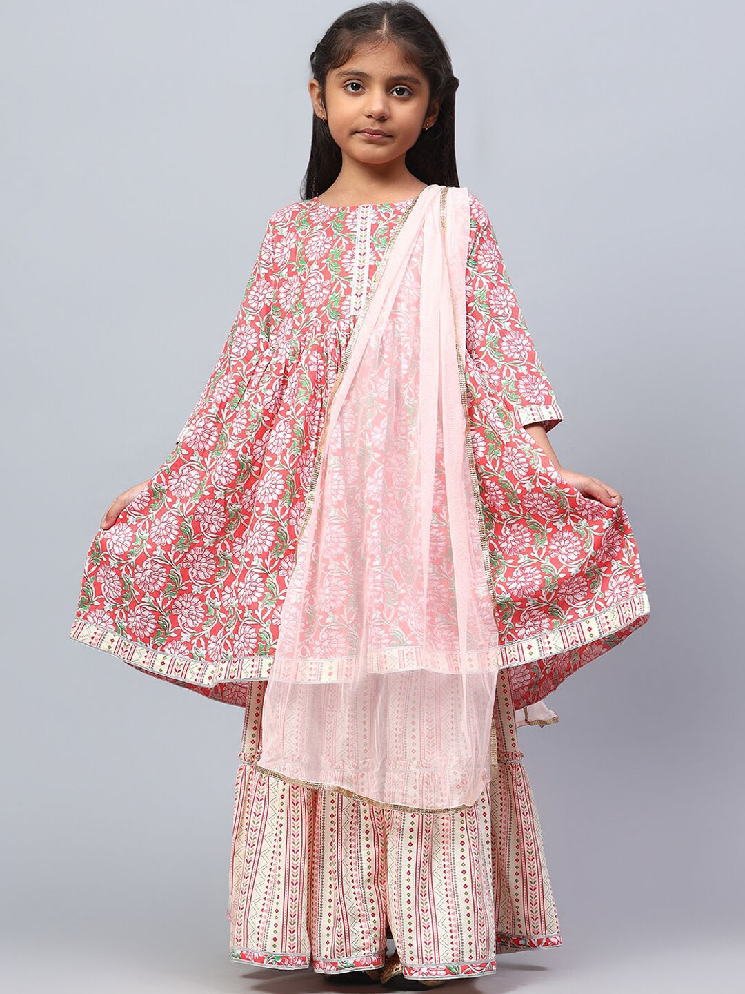 

BAESD Girls Floral Printed Pure Cotton A-Line Kurta With Palazzos & Dupatta, Pink