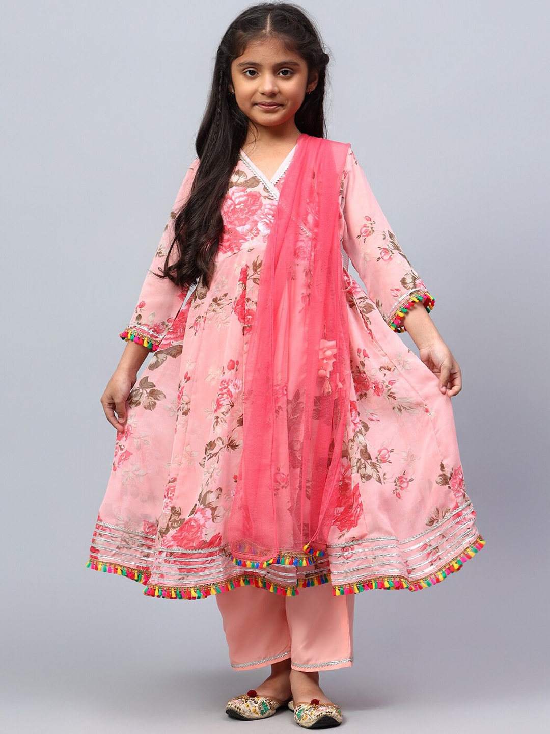 

BAESD Girls Floral Printed Gotta Patti Silk Georgette A-Line Kurta With Palazzos & Dupatta, Pink