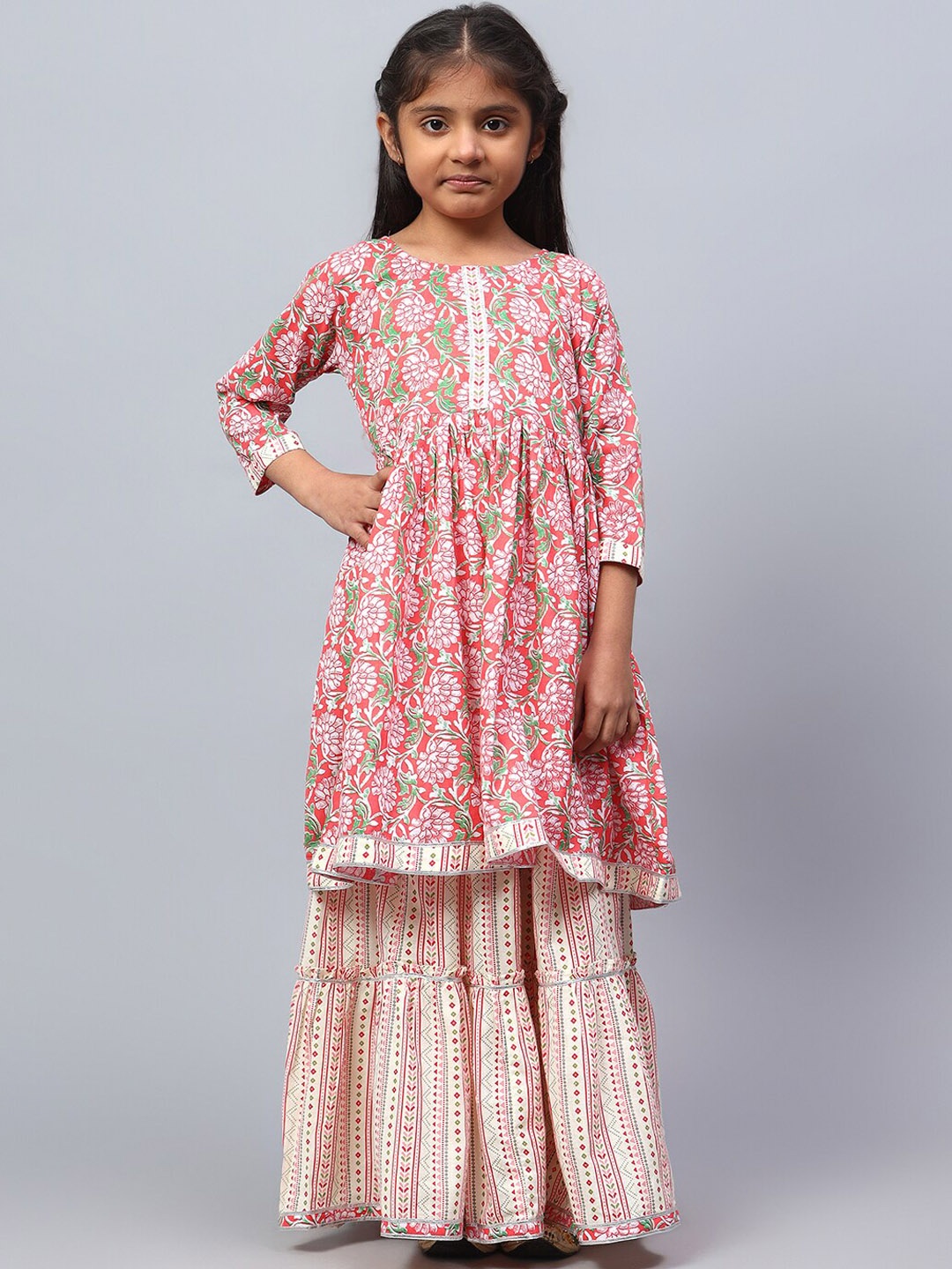 

BAESD Girls Floral Printed Empire Pure Cotton A-Line Kurta With Sharara & Dupatta, Pink