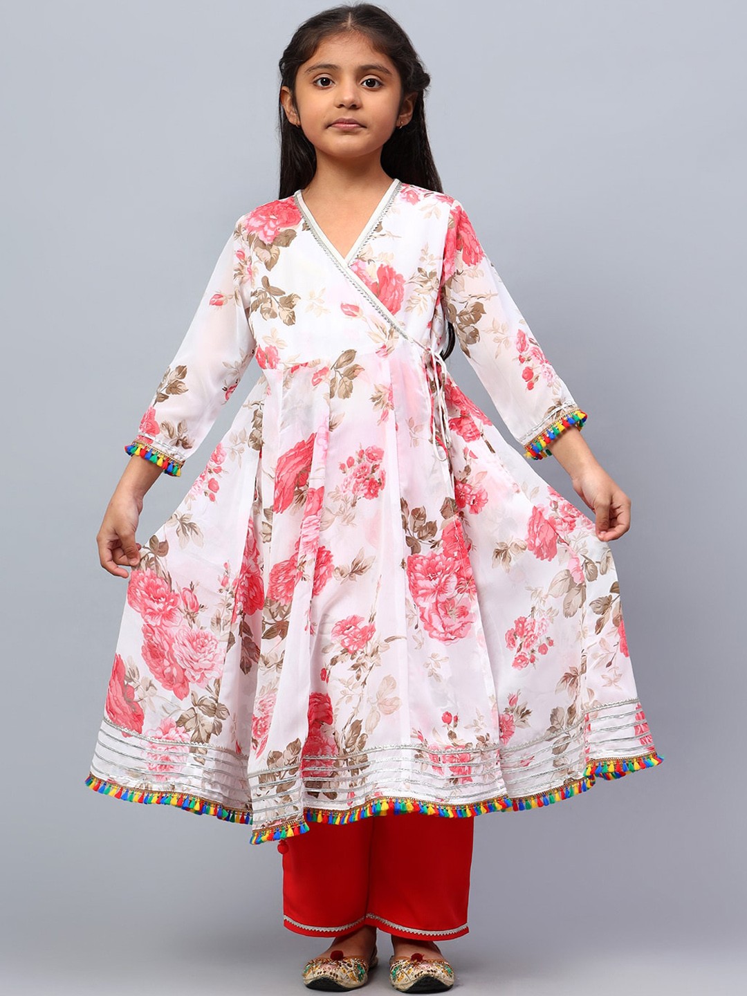 

BAESD Girls Floral Printed Georgette Angrakha Silk Georgette Kurta with Palazzos & Dupatta, White