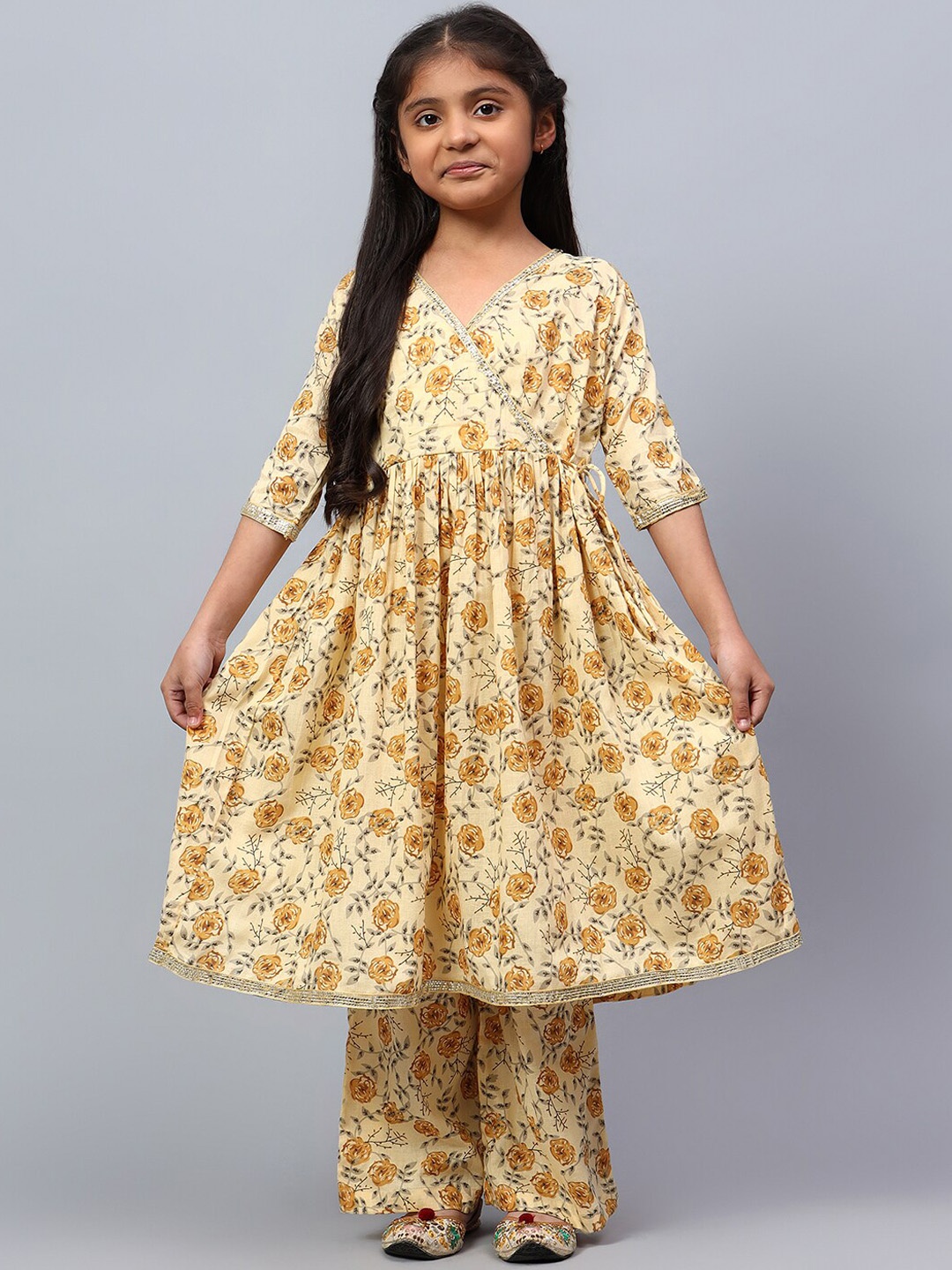 

BAESD Girls Floral Printed Angrakha Gotta Patti Pure Cotton Kurta With Palazzo & Dupatta, Yellow