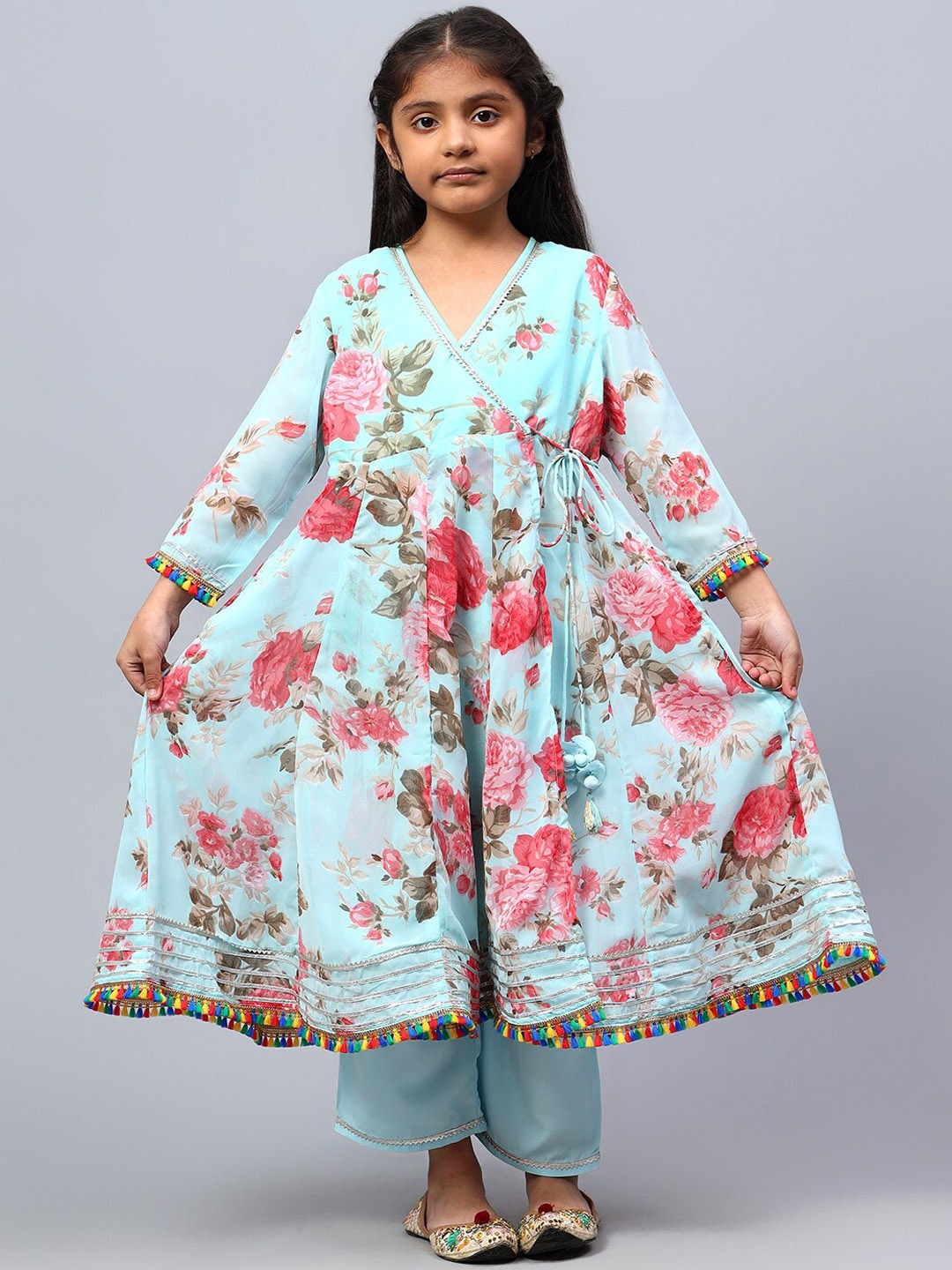 

BAESD Girls Floral Printed Angrakha Gotta Patti Kurta With Palazzo & Dupatta, Blue