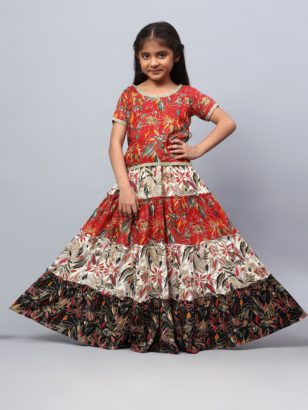 

BAESD Girls Floral Printed Ready to Wear Lehenga Choli With Dupatta, Red