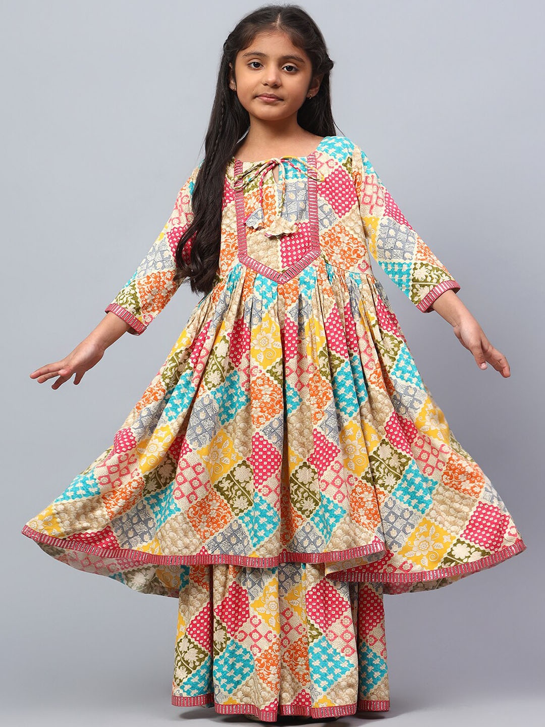 

BAESD Girls Ethnic Motifs Printed Anarkali Pure Cotton Kurta With Palazzos & Dupatta, Yellow