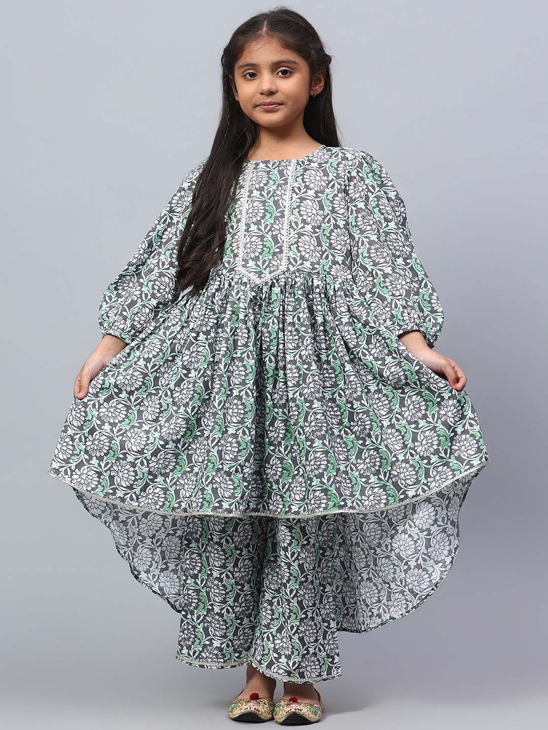 

BAESD Girls Floral Printed Regular Pure Silk Kurta with Palazzos & Dupatta, Grey