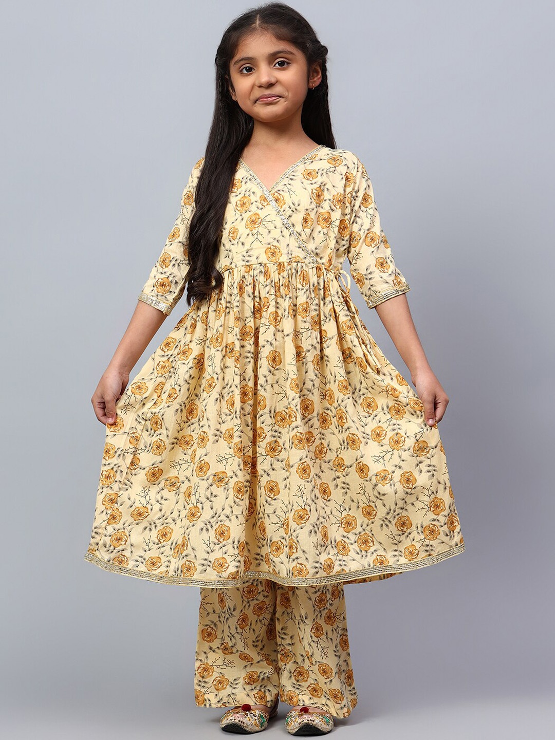 

BAESD Girls Floral Printed Angrakha Gotta Patti Pure Cotton Kurta With Palazzos, Yellow