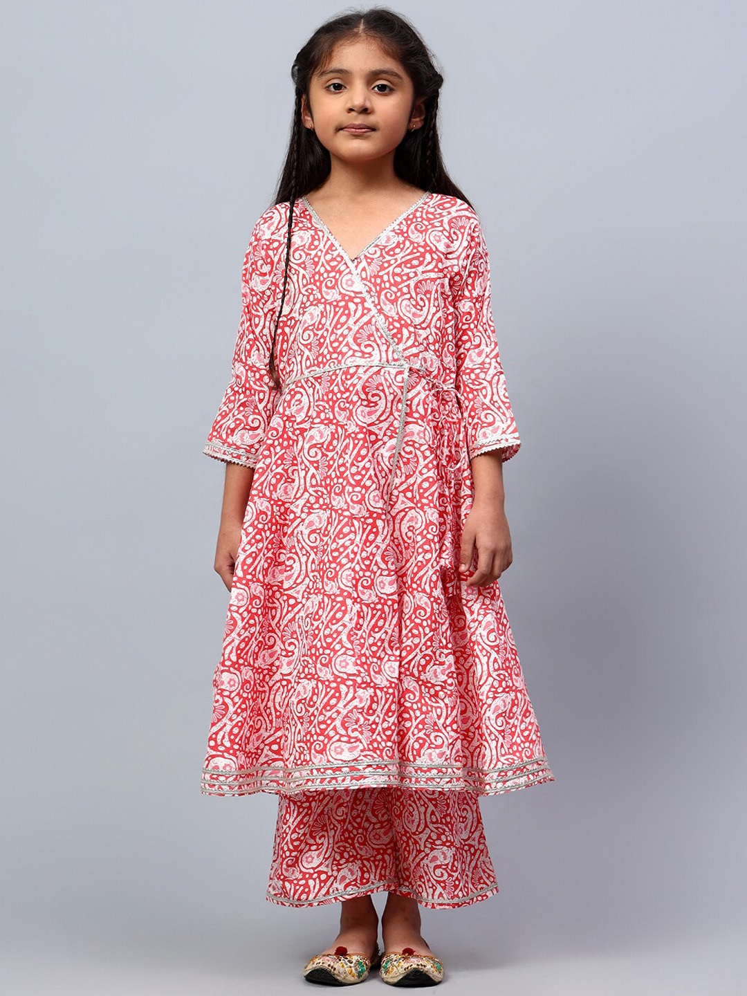 

BAESD Girls Floral Printed Angrakha Gotta Patti Pure Cotton Kurta With Palazzos, Pink