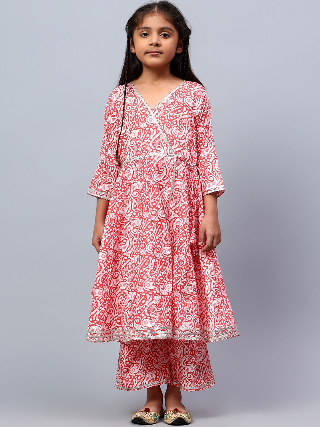 

BAESD Girls Paisley Printed Angrakha Pure Cotton Anarkali Kurta with Palazzos, Pink