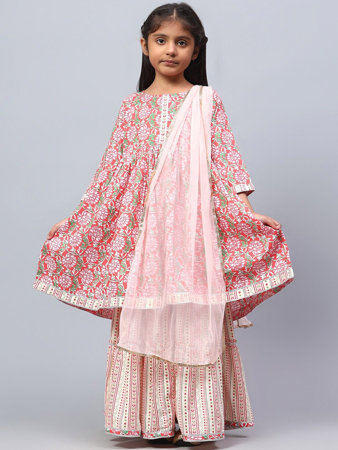 

BAESD Girls Floral Printed Empire Gotta Patti Pure Cotton Kurta with Sharara & Dupatta, Pink