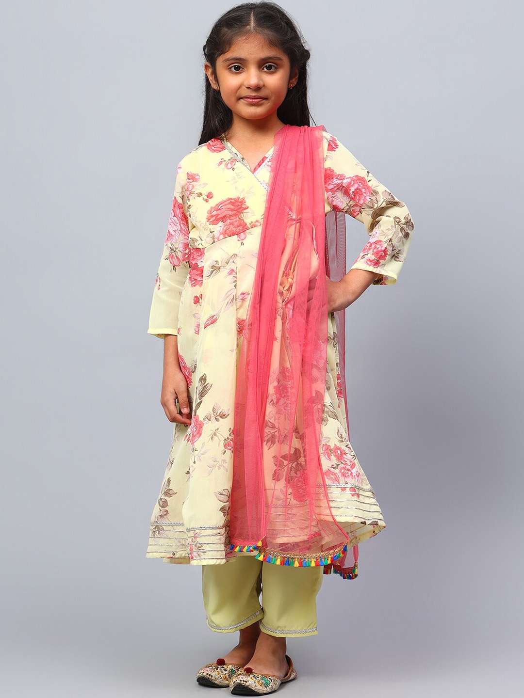 

BAESD Girls Floral Printed Angrakha Gotta Patti Kurta with Palazzos & Dupatta, Yellow