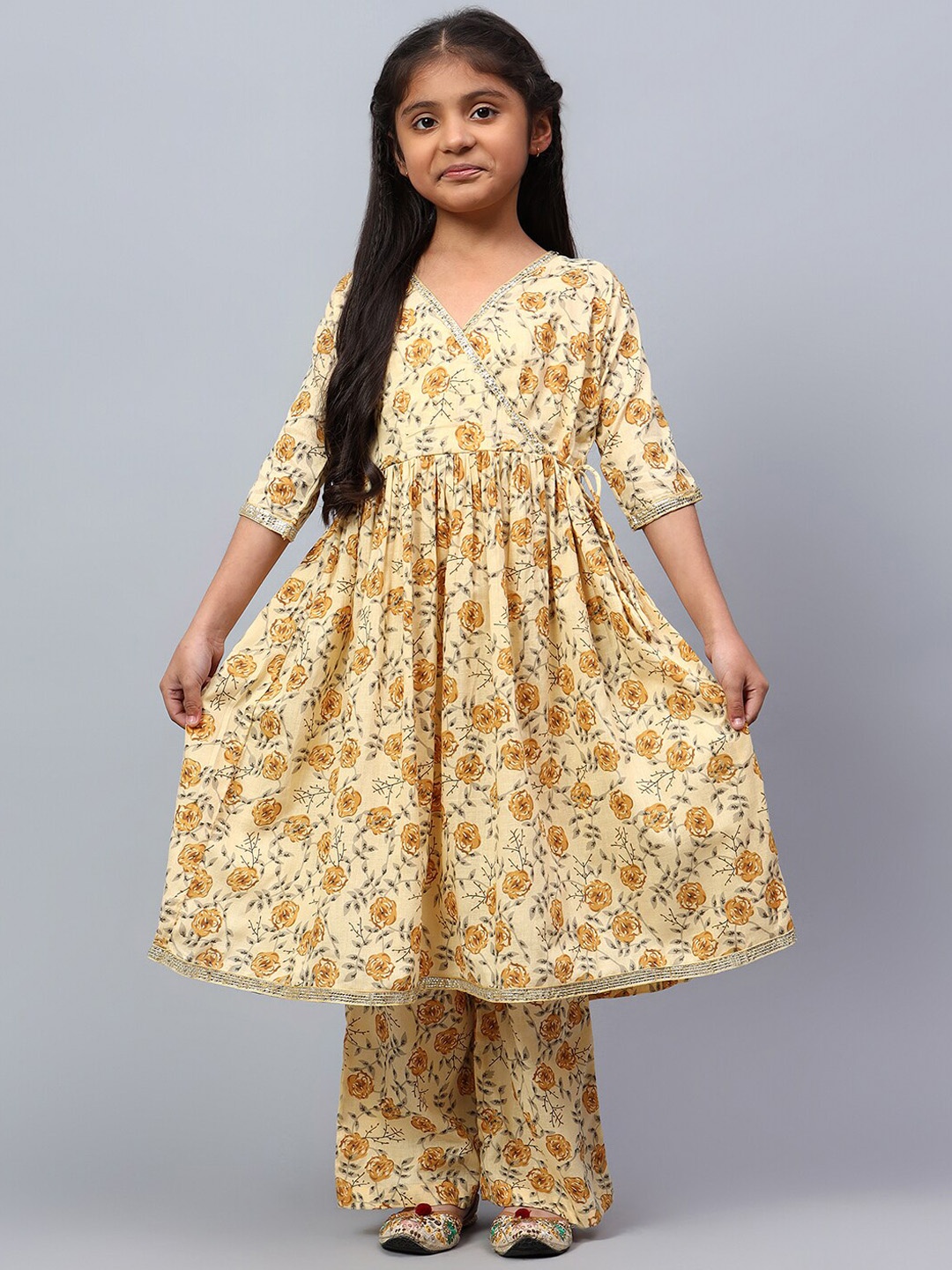 

BAESD Girls Floral Printed Angrakha Gotta Patti Kurta with Palazzos, Yellow