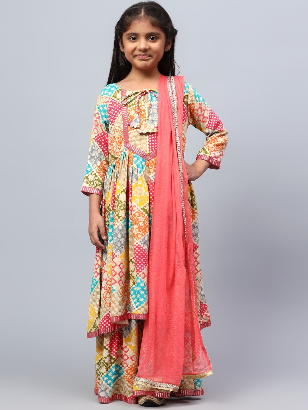 

BAESD Girls Ethnic Motifs Printed Empire Gotta Patti Pure Silk Kurta Sharara & Dupatta, Yellow