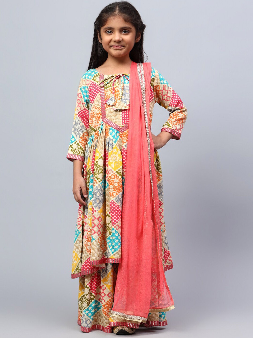 

BAESD Girls Ethnic Motifs Printed Empire Gotta Patti Pure Silk Kurta Sharara & Dupatta, Yellow