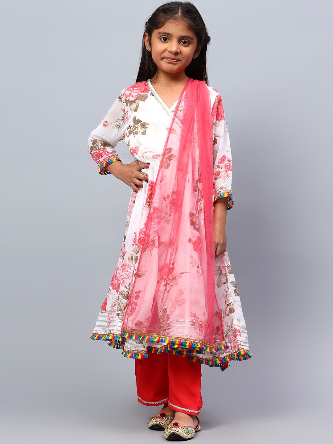 

BAESD Girls Floral Printed V-Neck Angrakha Gotta Patti Kurta with Palazzos & With Dupatta, White