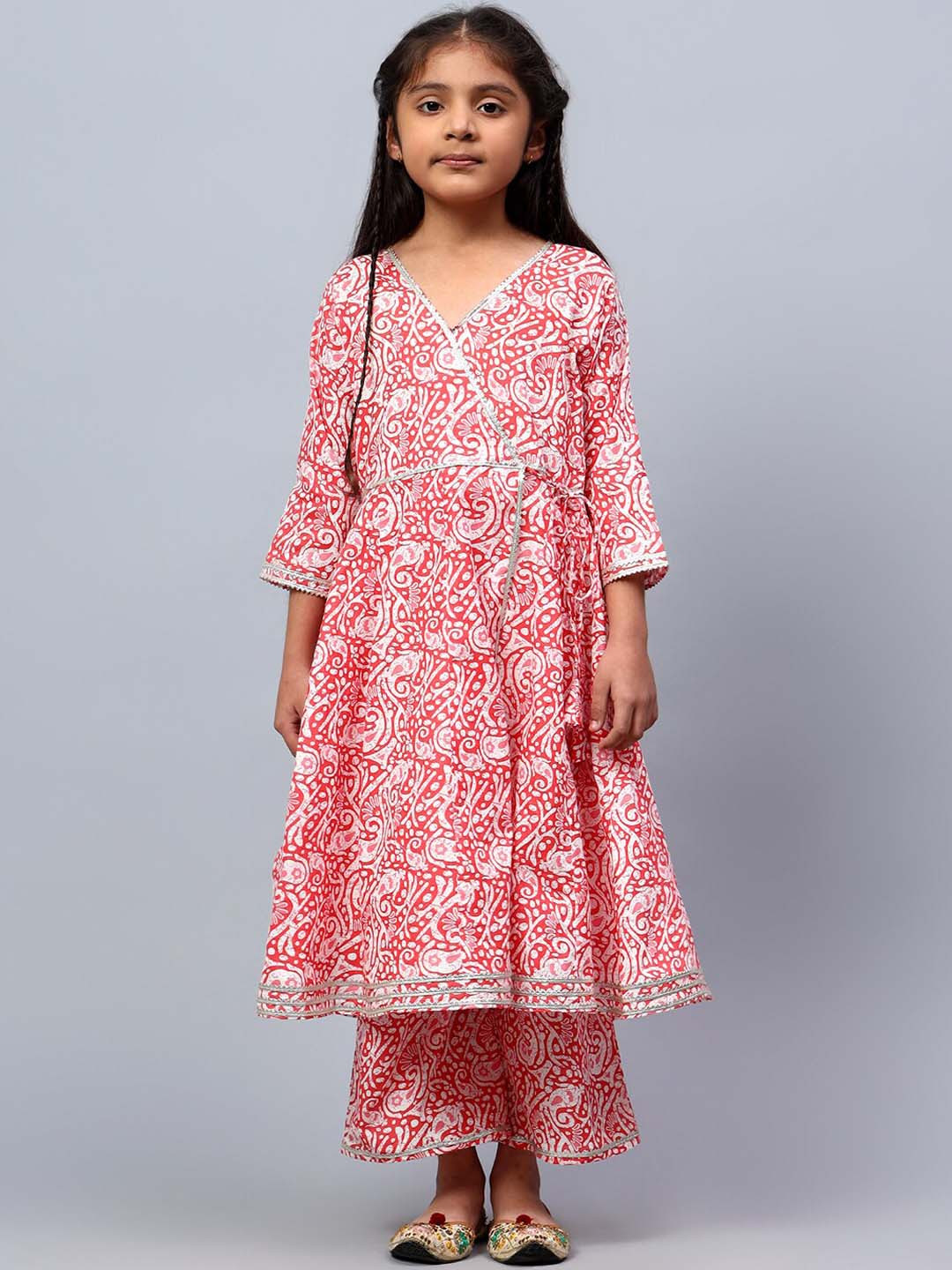 

BAESD Girls Floral Printed Angrakha Gotta Patti Pure Cotton Kurta with Palazzos, Pink