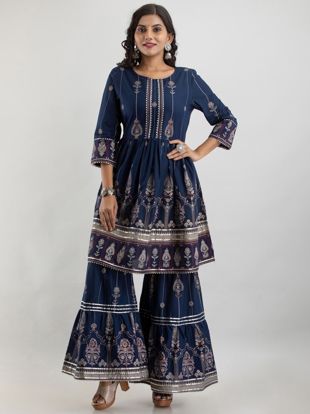 

MALANDRO Ethnic Motifs Printed Empire Gotta Patti Pure Cotton Kurta with Sharara, Blue