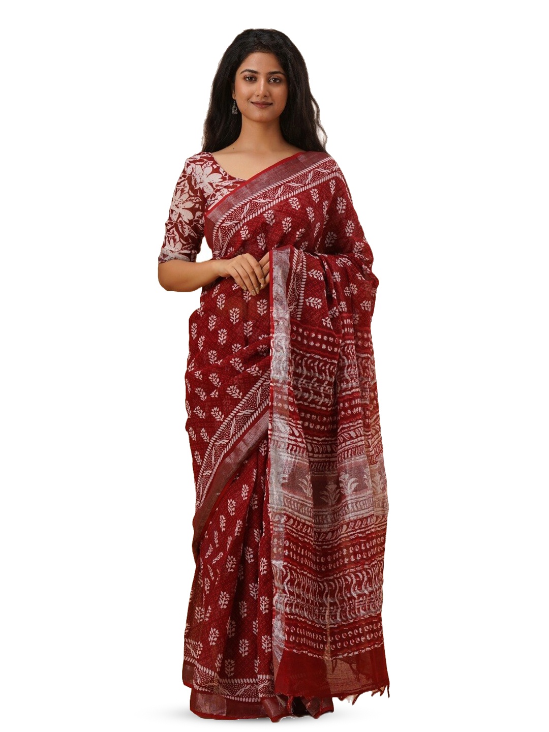 

GK FASHION Floral Zari Cotton Linen Block Print Saree, Maroon
