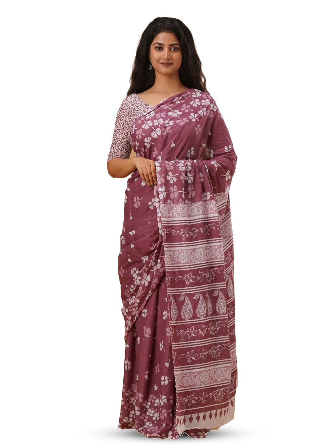 

GK FASHION Floral Pure Cotton Block Print Saree, Purple