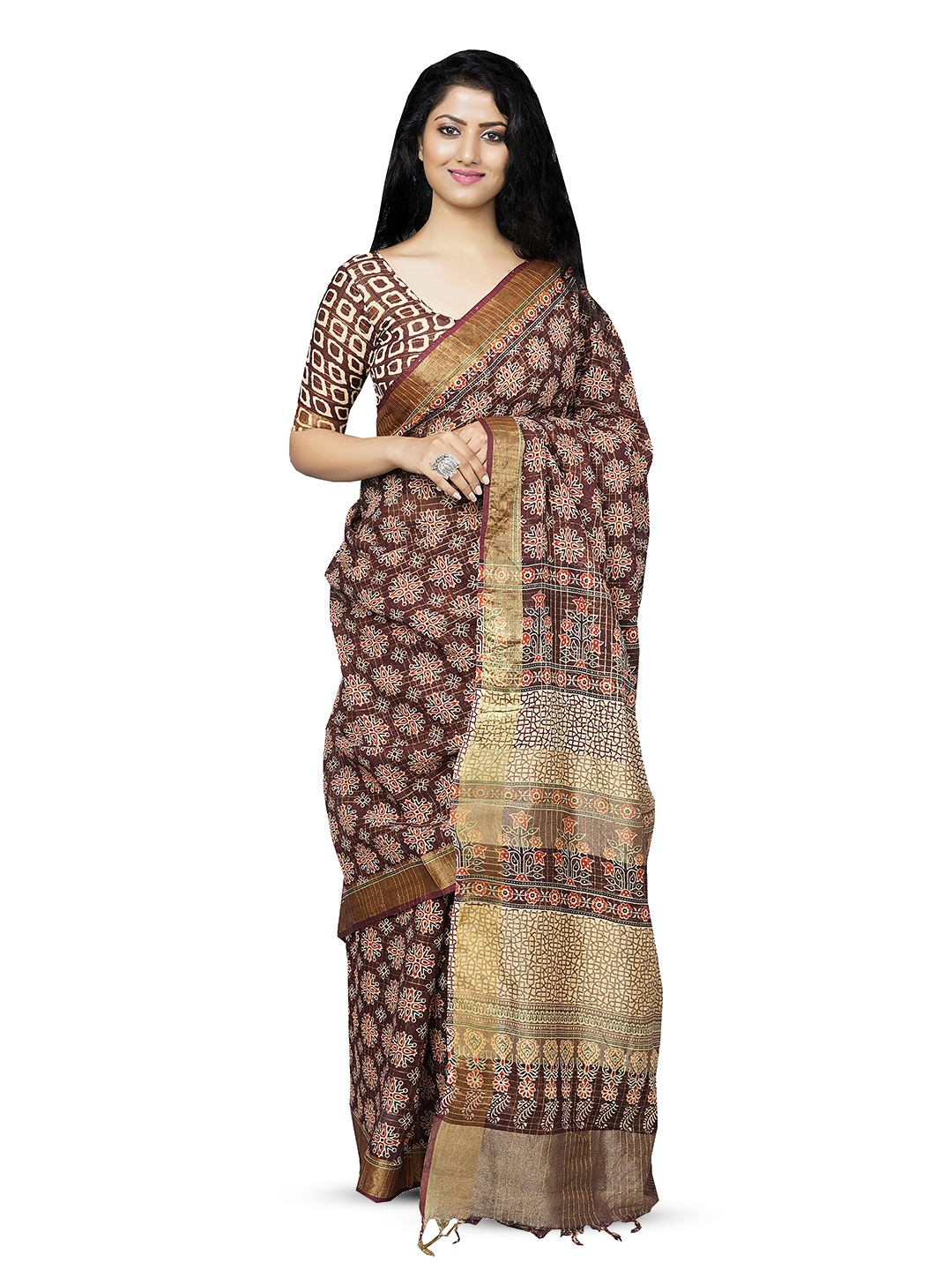 

GK FASHION Floral Zari Cotton Linen Block Print Saree, Maroon