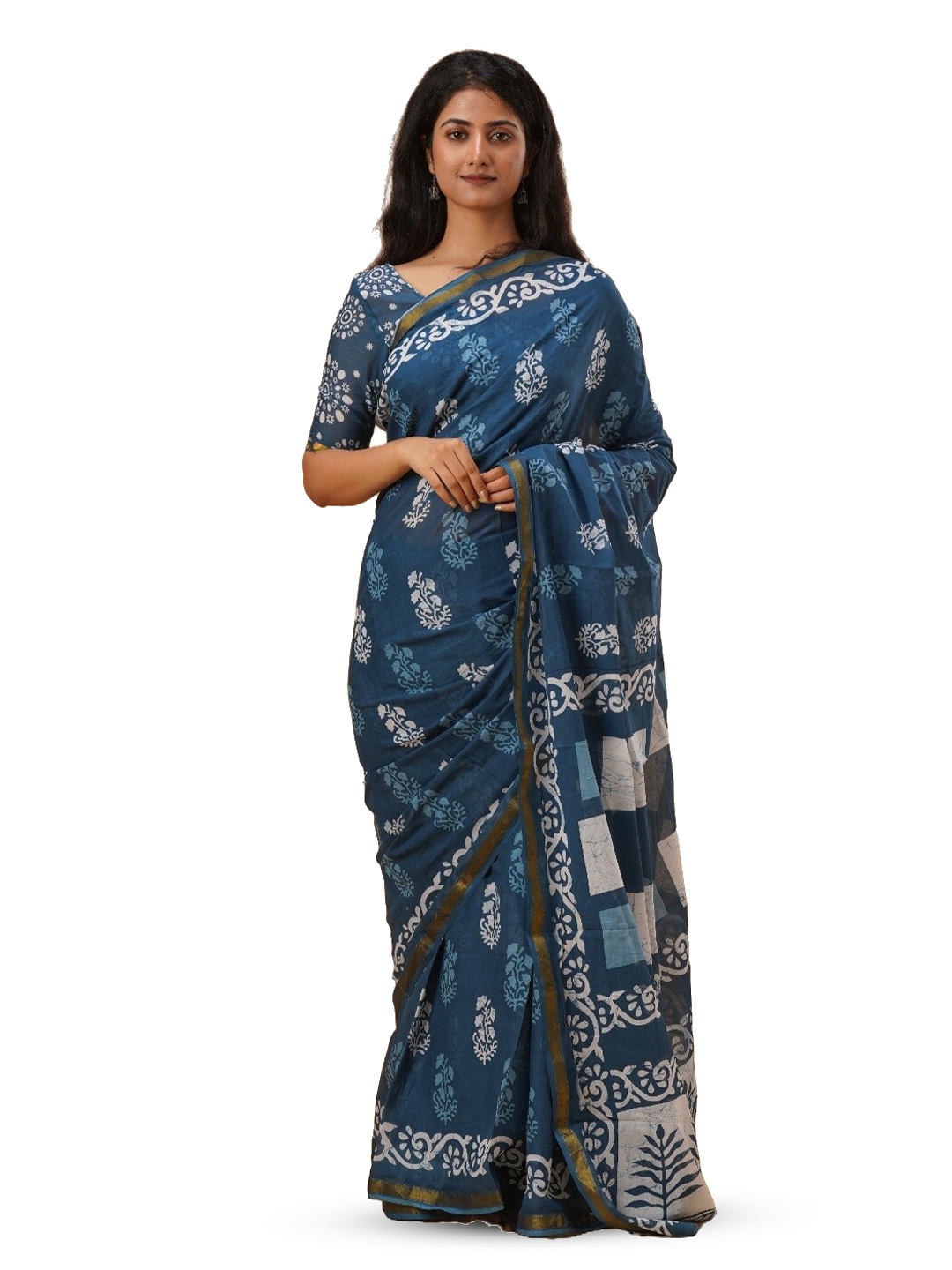 

GK FASHION Ethnic Motifs Zari Pure Cotton Block Print Saree, Blue