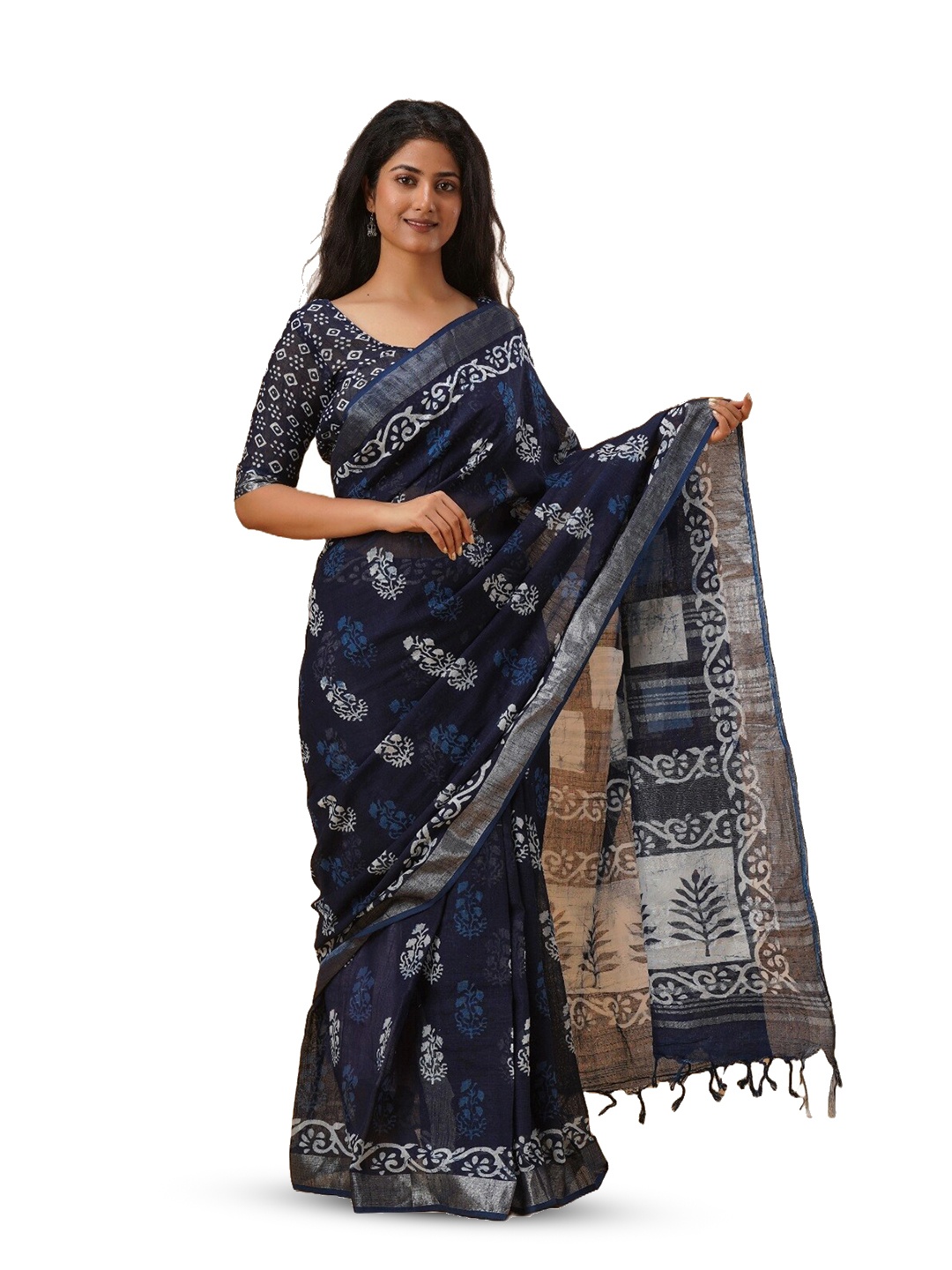 

GK FASHION Floral Zari Cotton Linen Block Print Saree, Navy blue