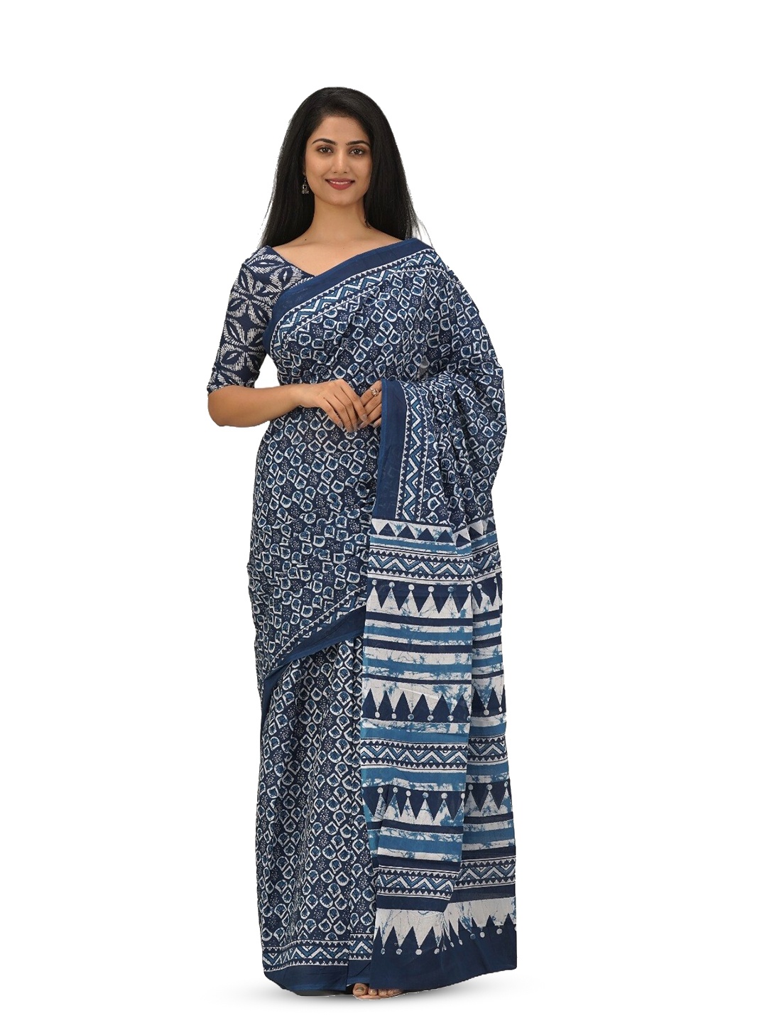 

GK FASHION Floral Pure Cotton Block Print Saree, Navy blue