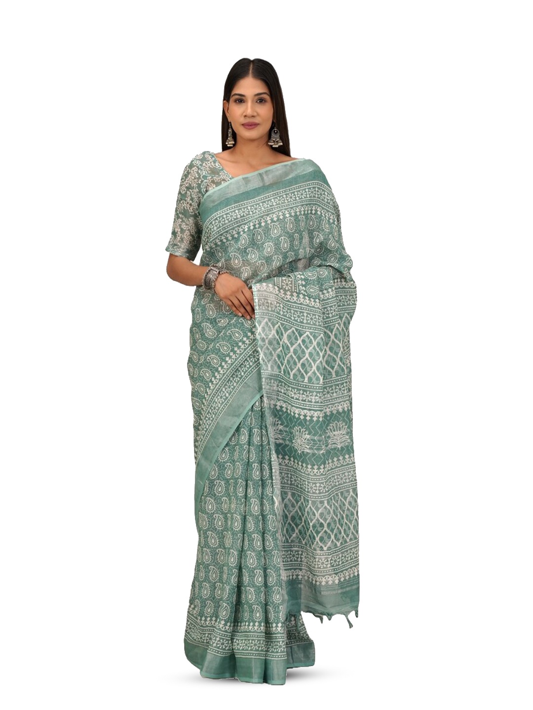

GK FASHION Floral Zari Cotton Linen Block Print Saree, Sea green