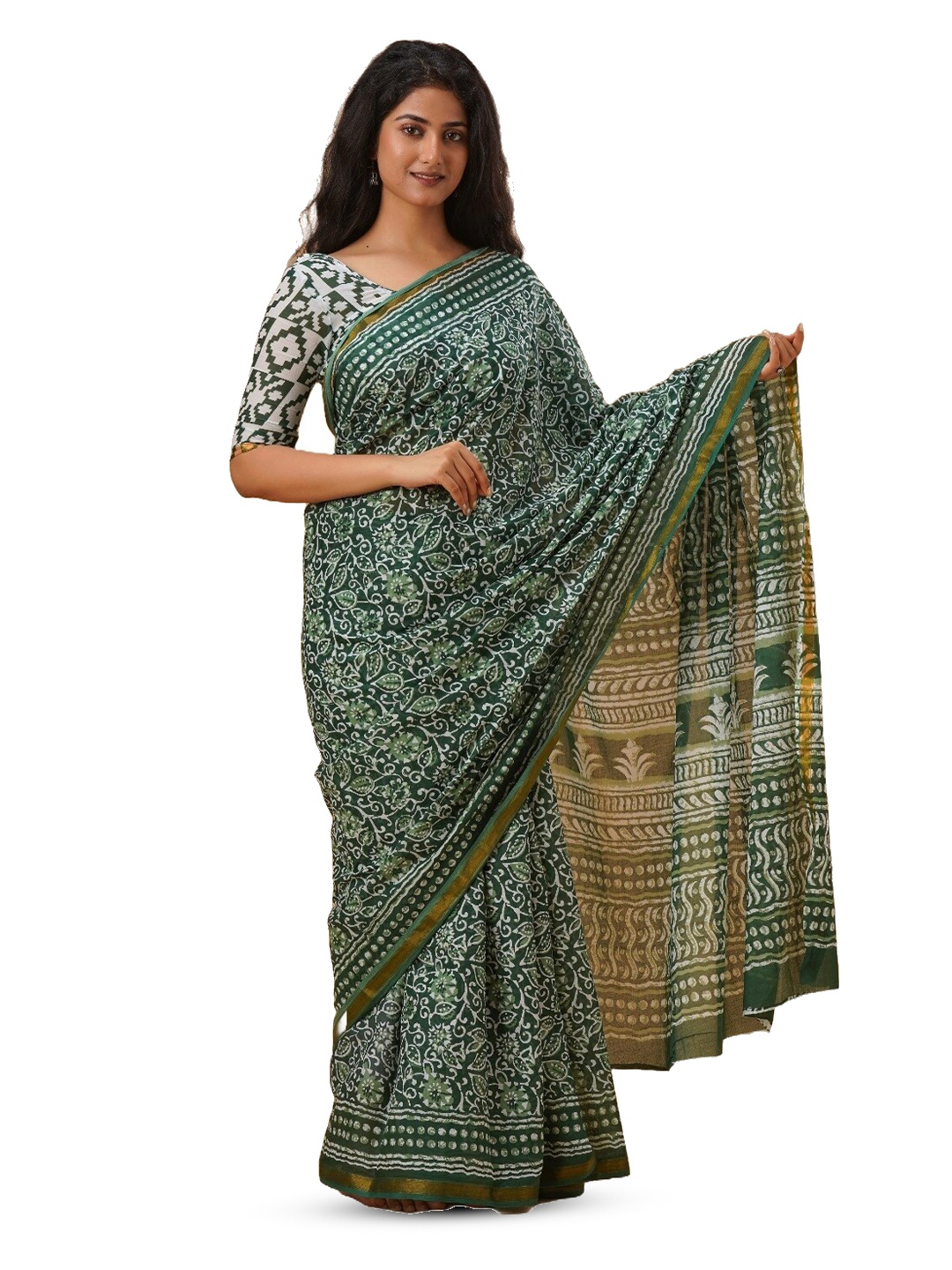 

GK FASHION Ethnic Motifs Zari Pure Cotton Block Print Saree, Green