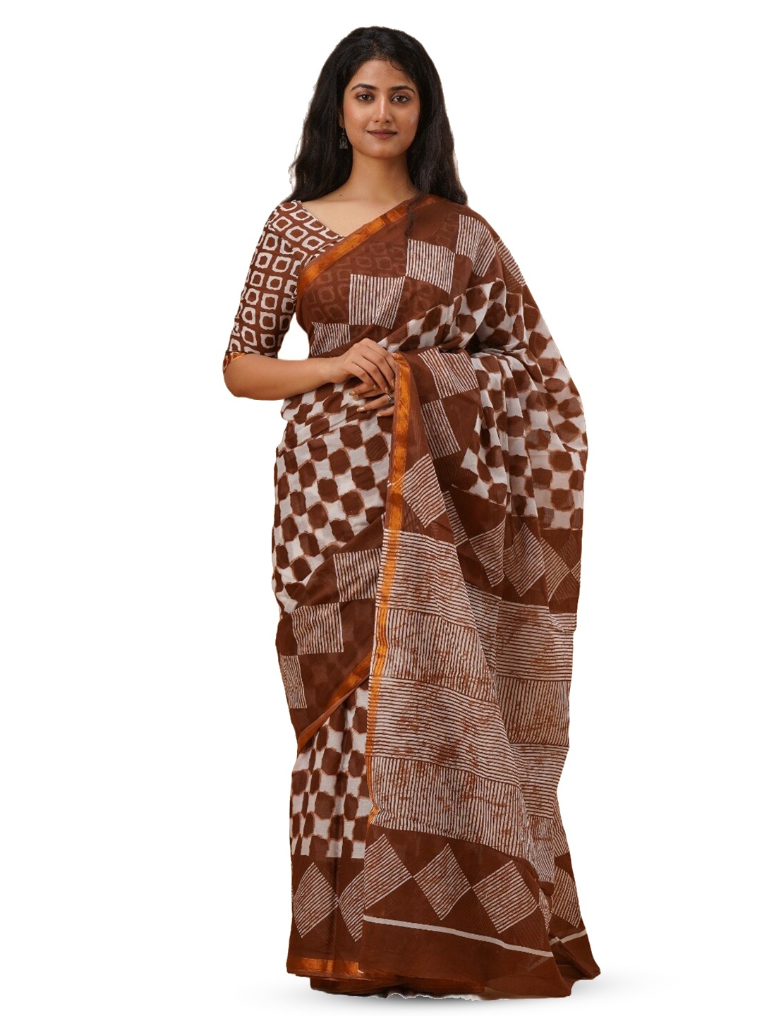 

GK FASHION Geometric Zari Pure Cotton Block Print Saree, Brown