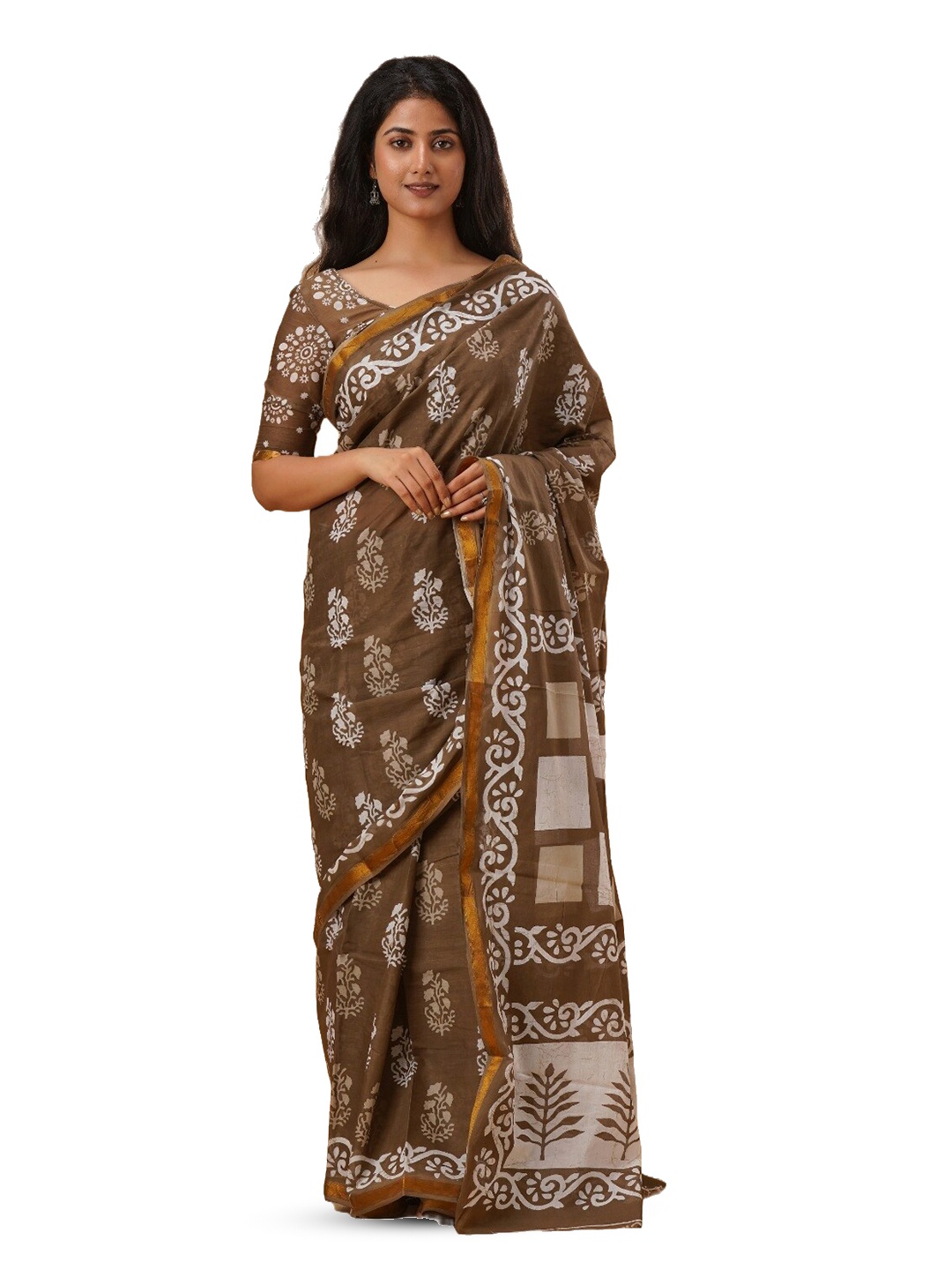 

GK FASHION Ethnic Motifs Zari Pure Cotton Block Print Saree, Brown