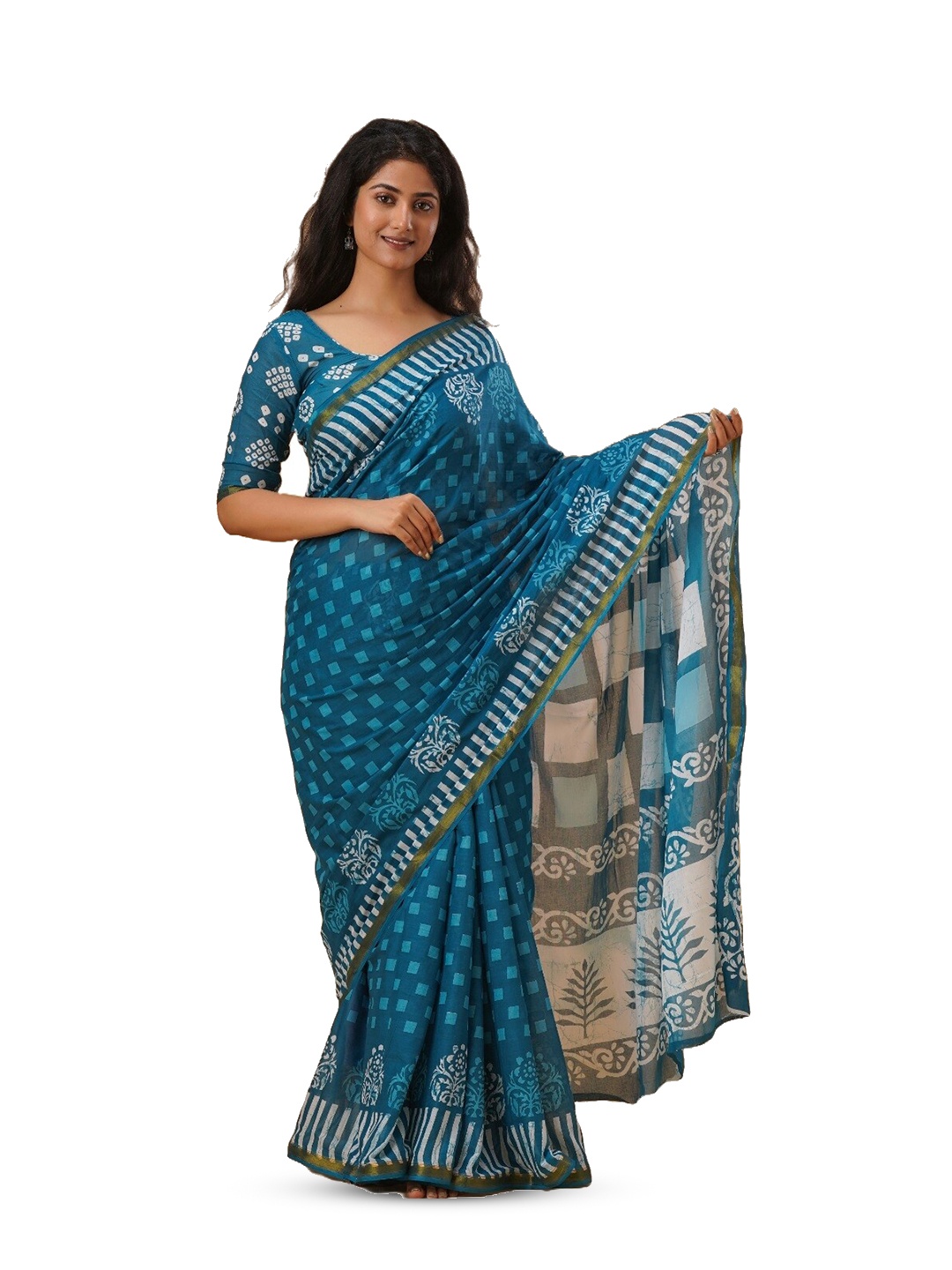 

GK FASHION Geometric Zari Pure Cotton Block Print Saree, Blue