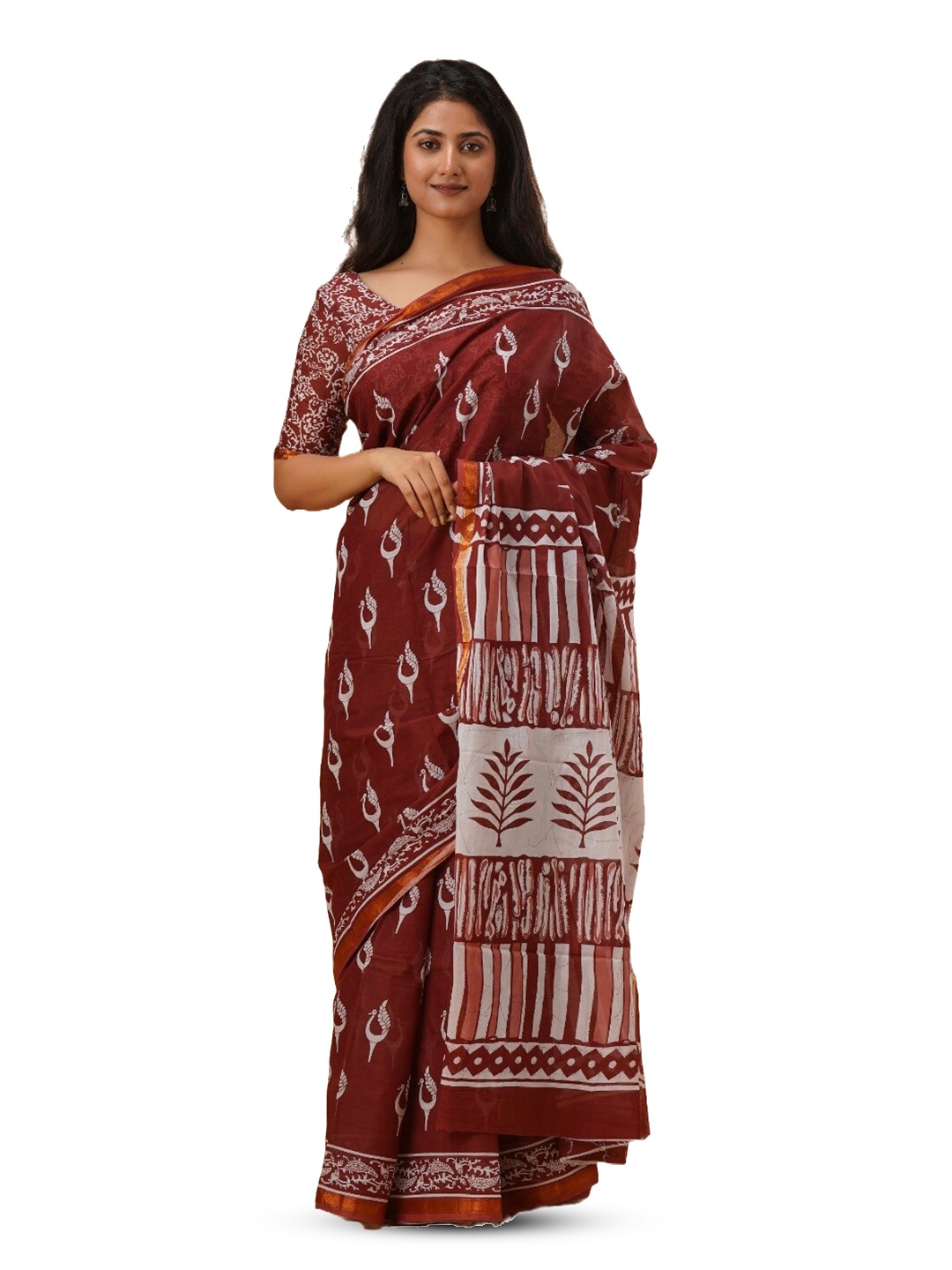 

GK FASHION Ethnic Motifs Zari Pure Cotton Block Print Saree, Maroon