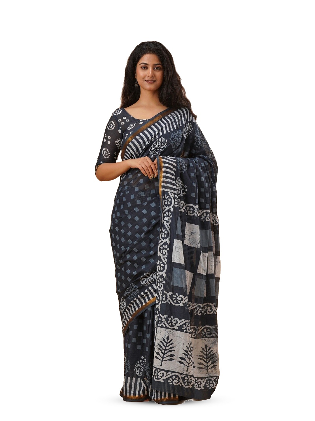 

GK FASHION Zari Pure Cotton Block Printed Saree, Navy blue