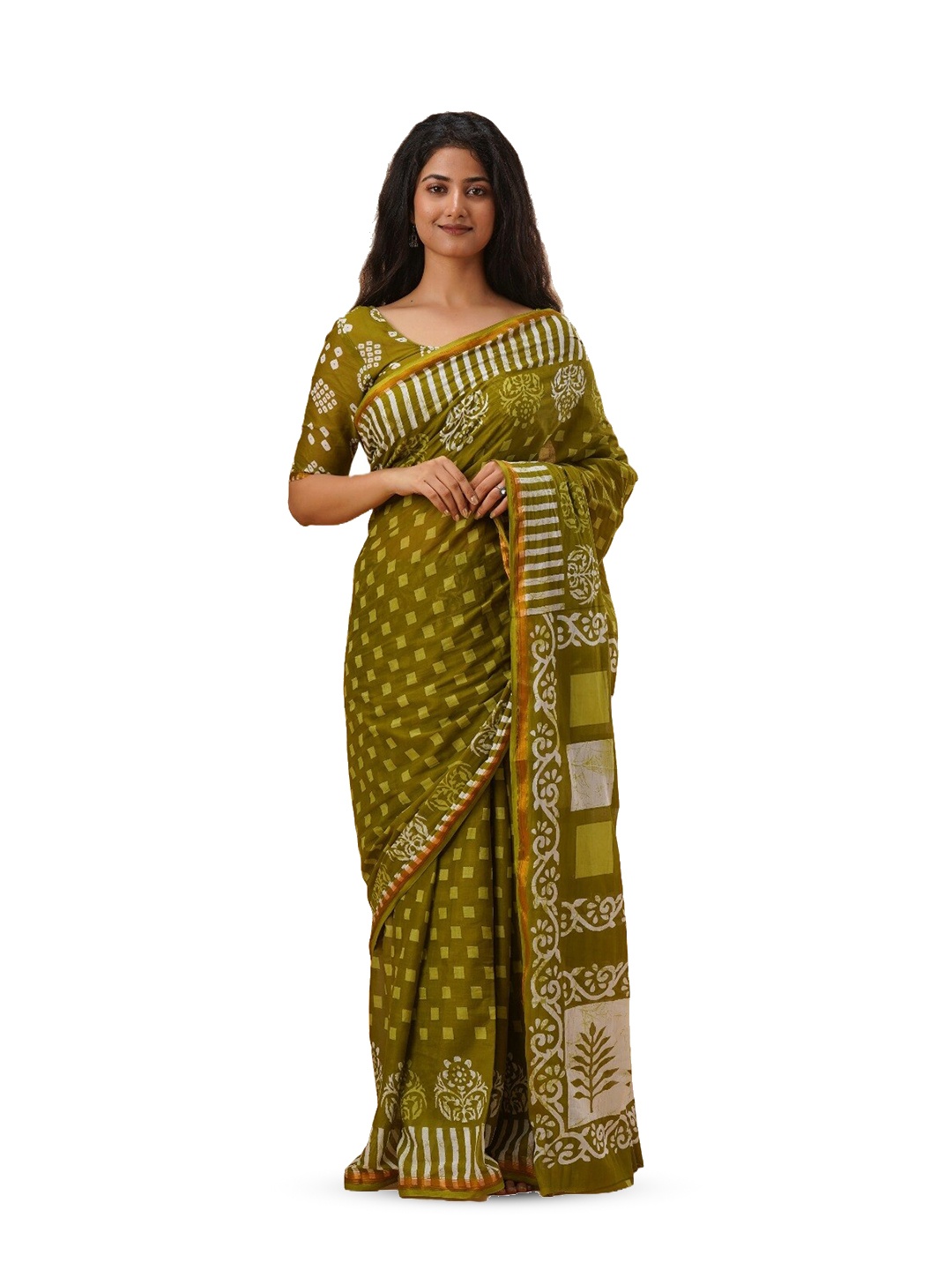 

GK FASHION Ethnic Motifs Zari Pure Cotton Block Printed Saree, Green