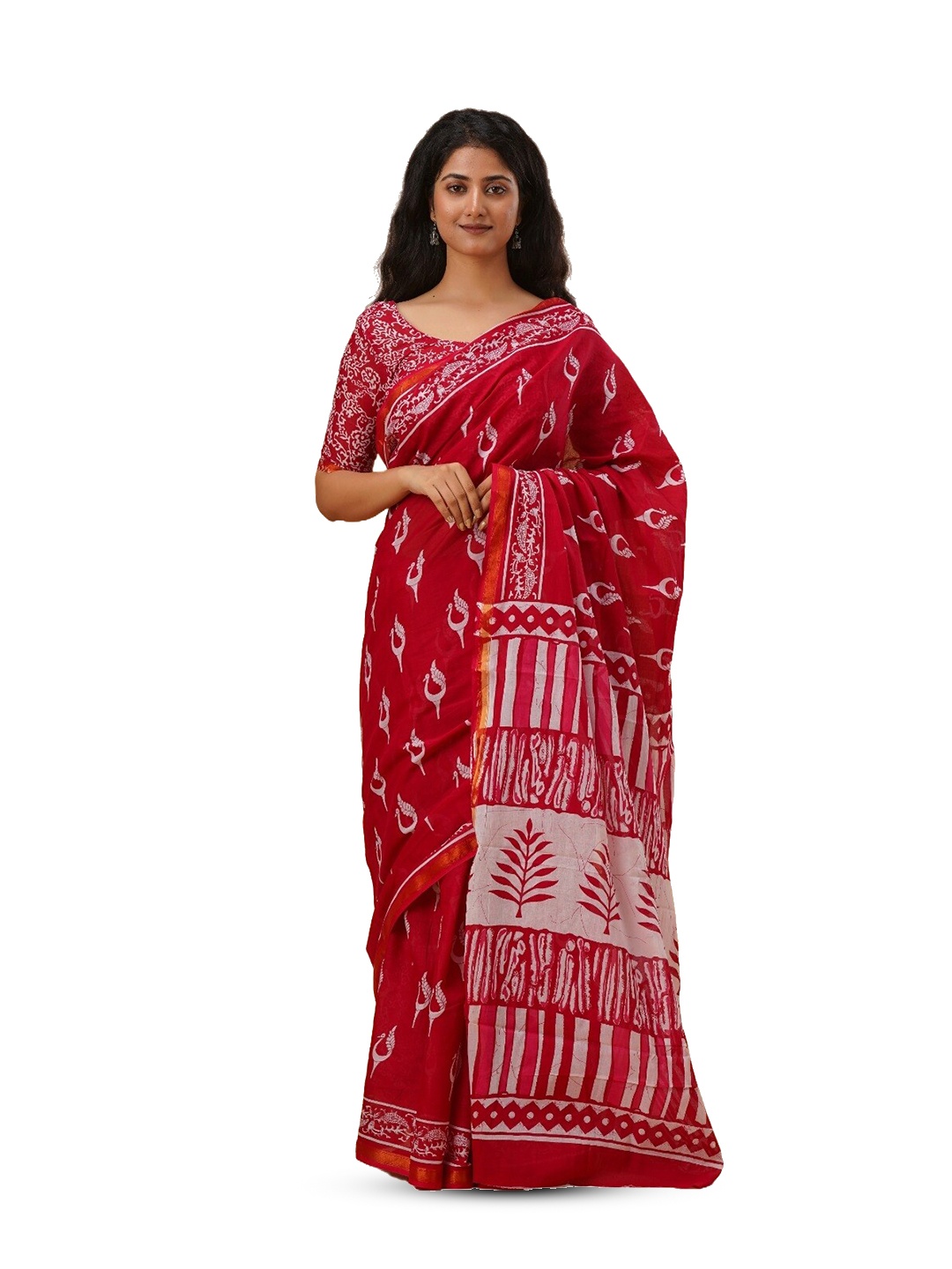 

GK FASHION Floral Zari Pure Cotton Block Printed Saree, Red